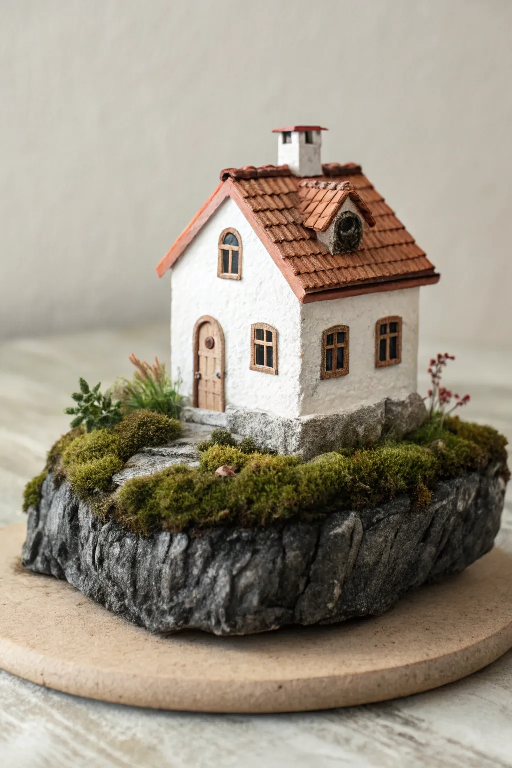 Dreamy floating island mini clay house, simple shapes and earthy tones for easy diorama magic.