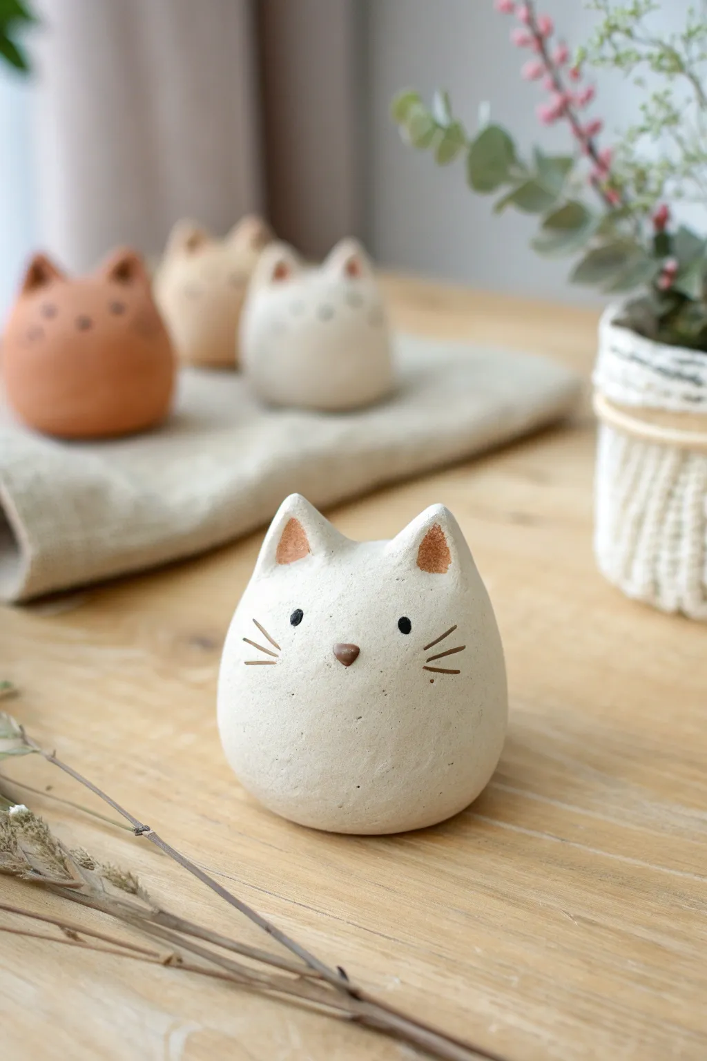 Sweet mini cat head figurines in soft earthy tones, perfect beginner clay collectibles.