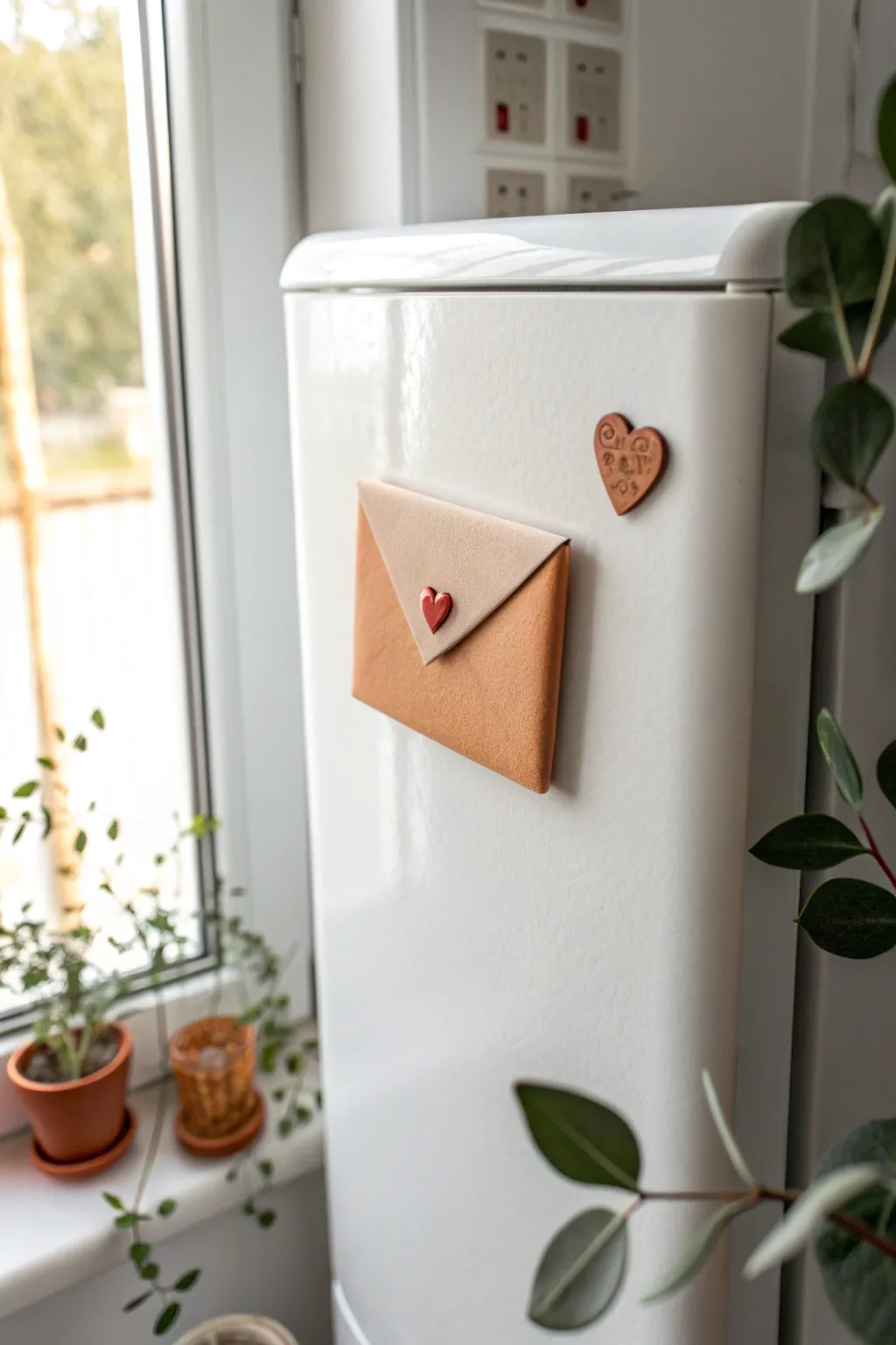 Sweet mini envelope clay magnet with heart seal, holding a tiny note on a minimalist fridge