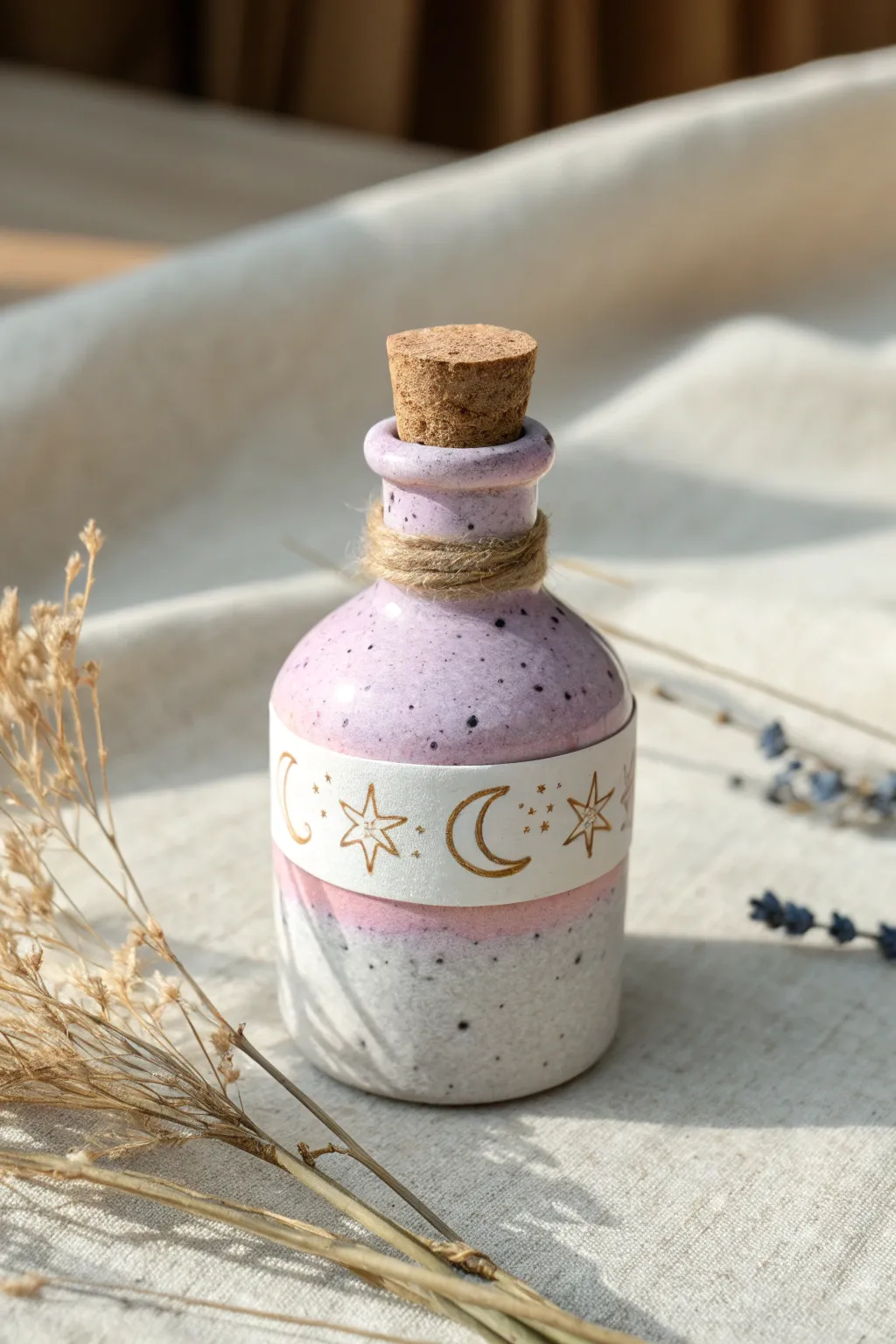 Pastel mini clay potion bottle with cork top, minimalist boho charm for tiny apothecary vibes.