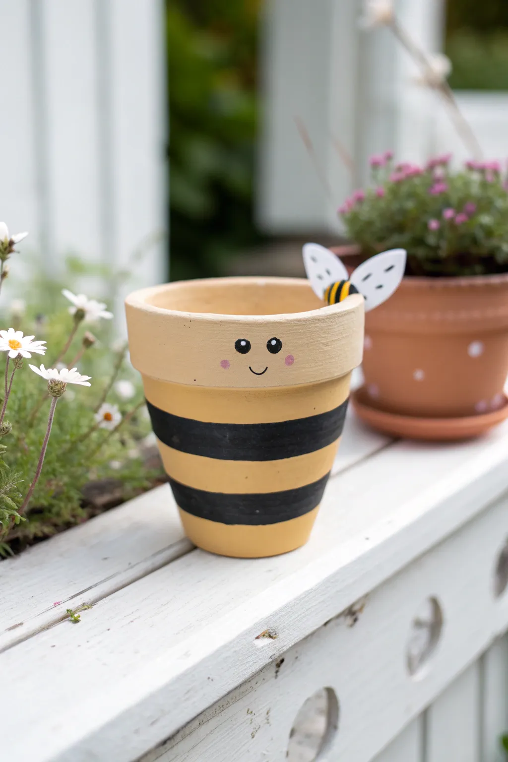 Mini clay pot bug decor: a simple bee design that looks adorable beside tiny blooms