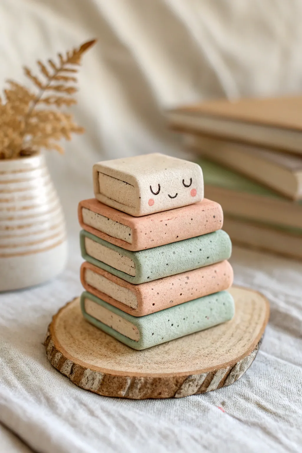 Tiny clay book stack with a sweet face in muted tones, minimalist and handmade charm.
