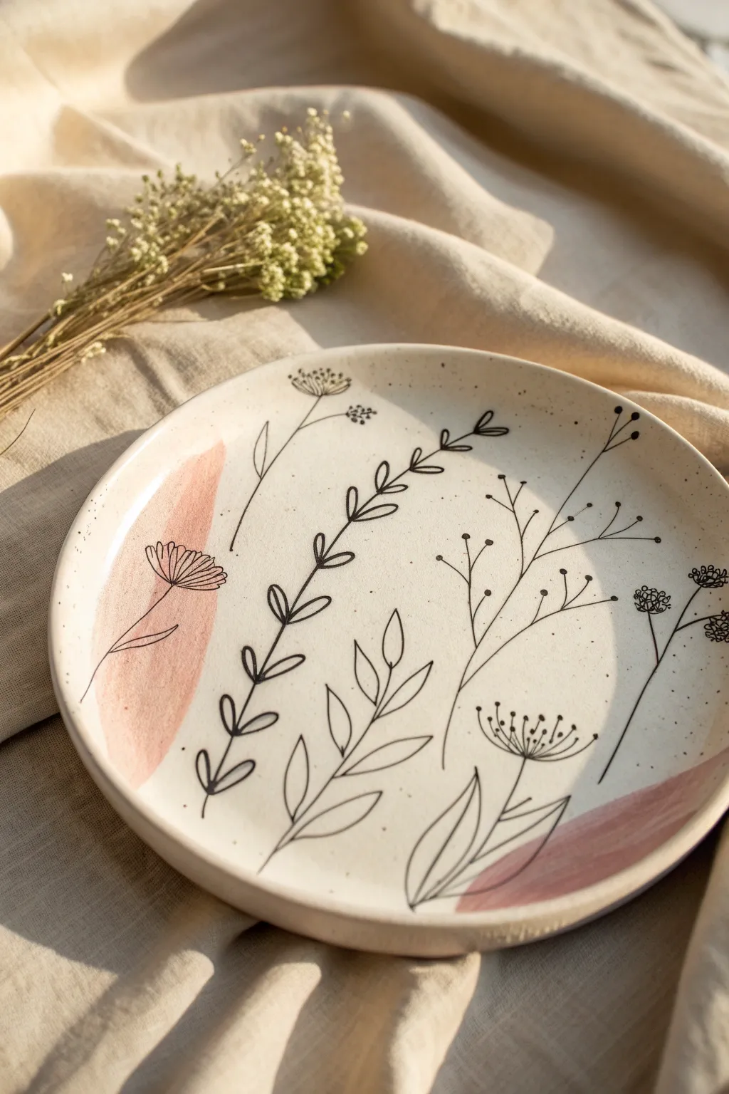 Glossy plate with ink line art and soft paint accents, sealed over glaze for mixed-media charm.