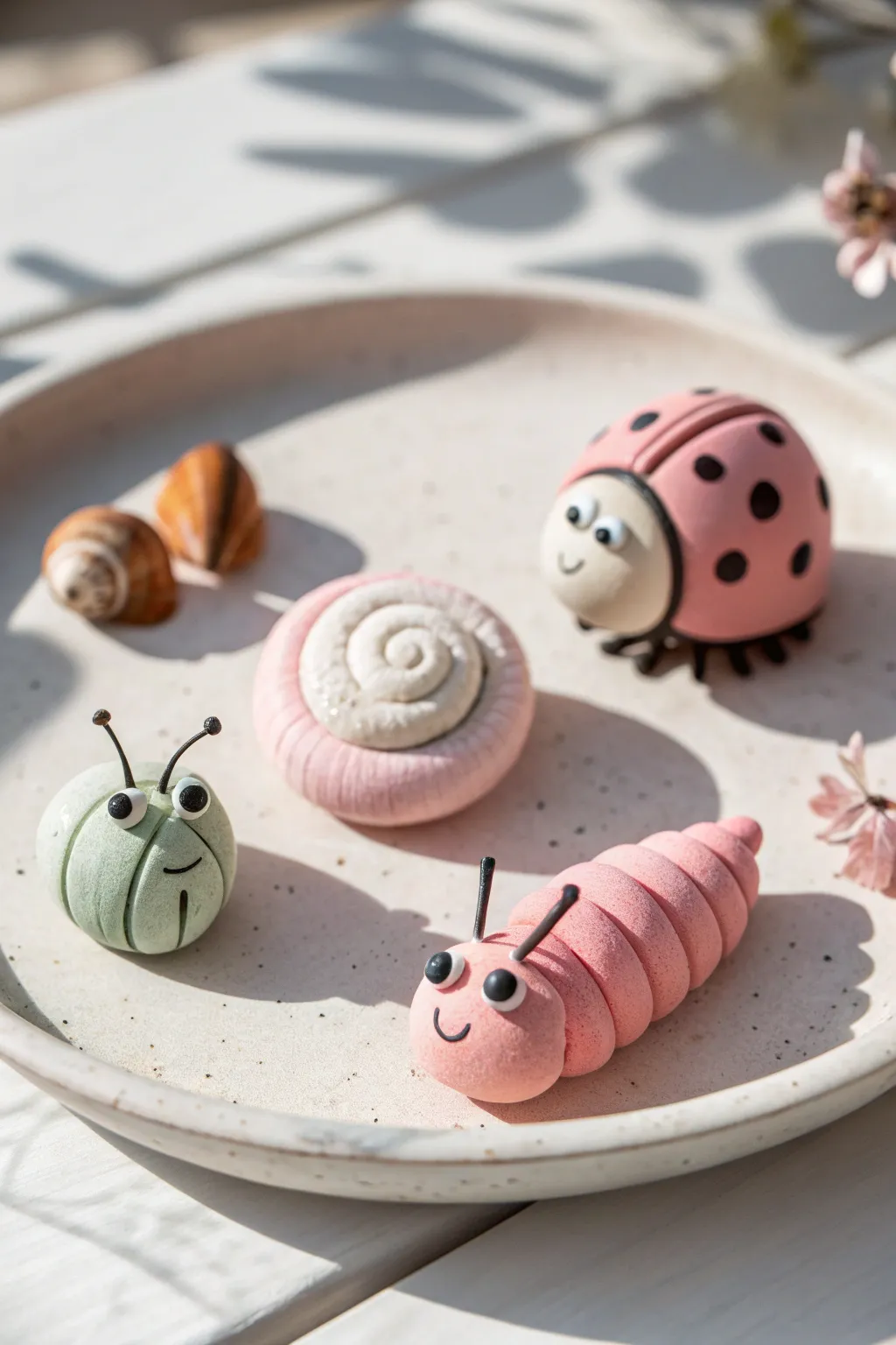 Whimsical clay bug trio in soft pastels, perfect for easy modeling clay art inspiration.