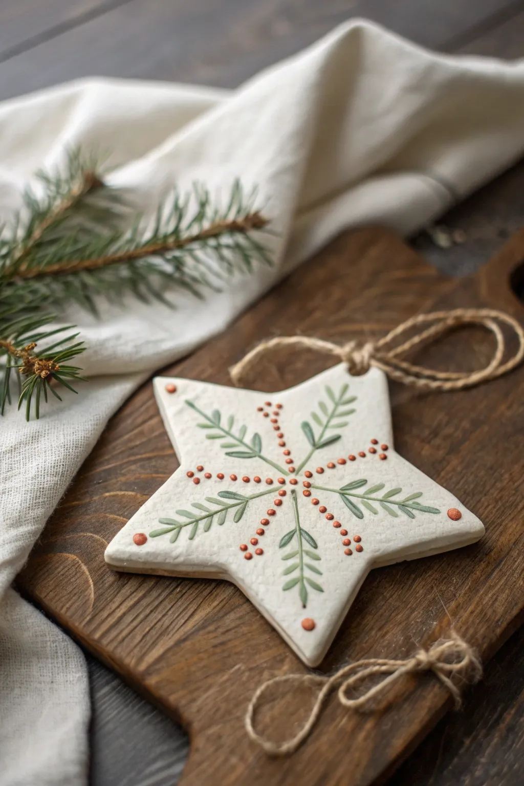 Hand-painted clay star ornament with simple folk dots and lines, minimalist boho Christmas charm.