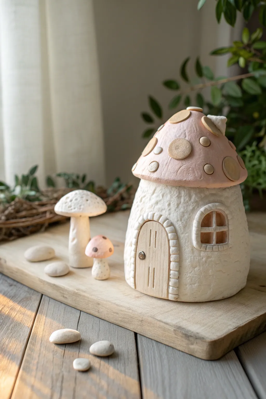 Chunky mini clay fairy house and mushroom, perfect for cozy small-world play scenes