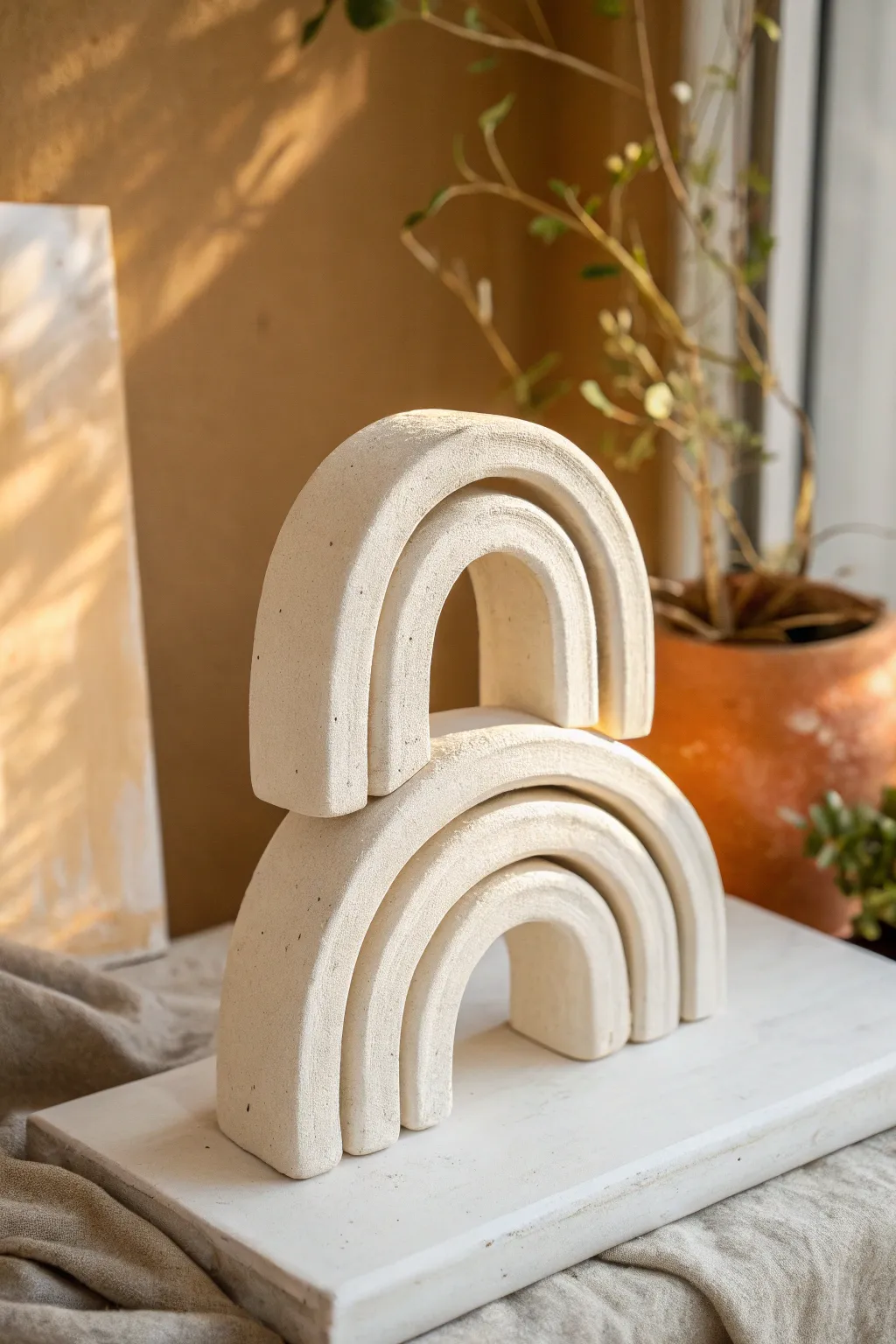 Modern abstract arch clay sculpture in warm neutrals, minimal and boho, perfect tabletop decor