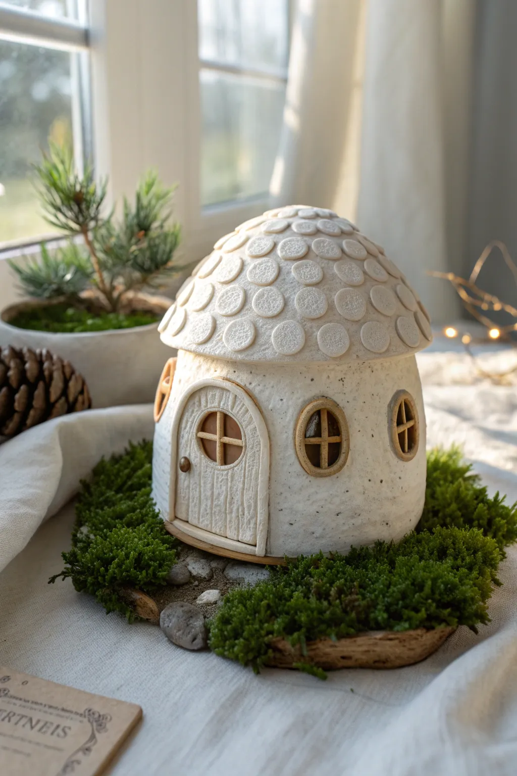 Pocket-size clay fairy house with mossy base, minimalist boho styling in soft natural light.