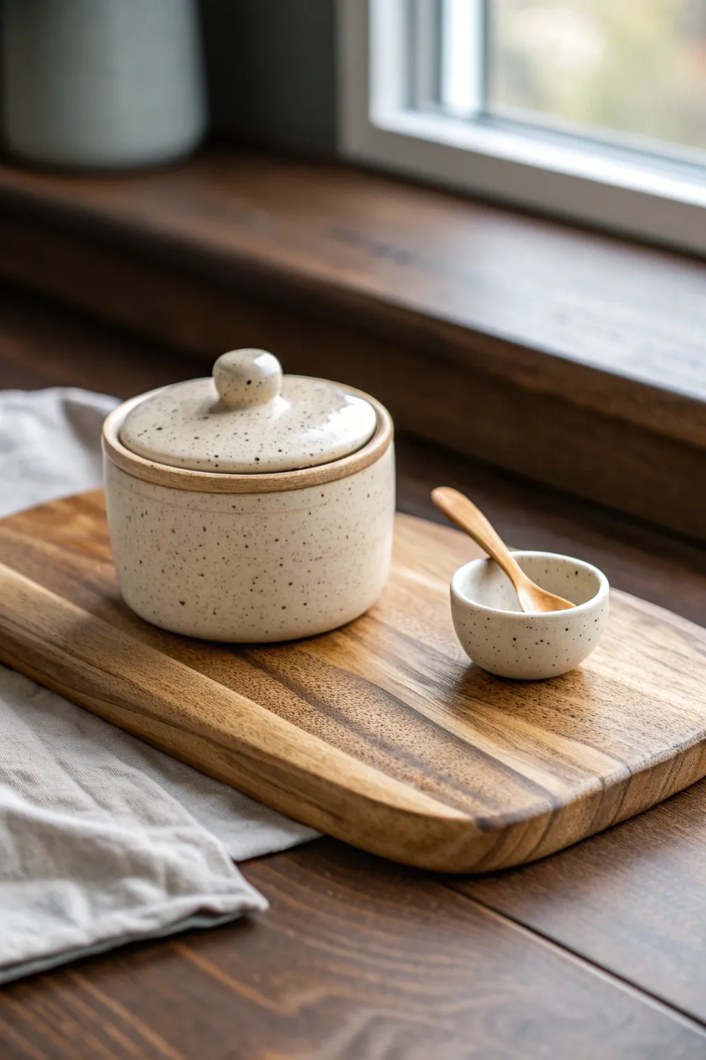 Handmade tiny salt cellar with matching pinch spoon—minimal, warm neutrals, refined kitchen craft.