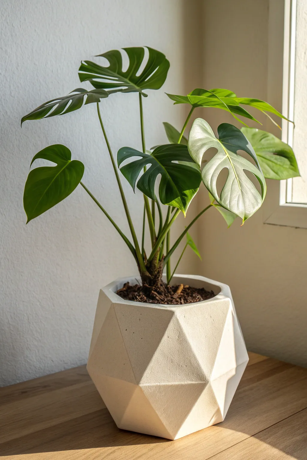 Crisp geometric planter + lush monstera for a modern, minimalist space with warm natural texture.