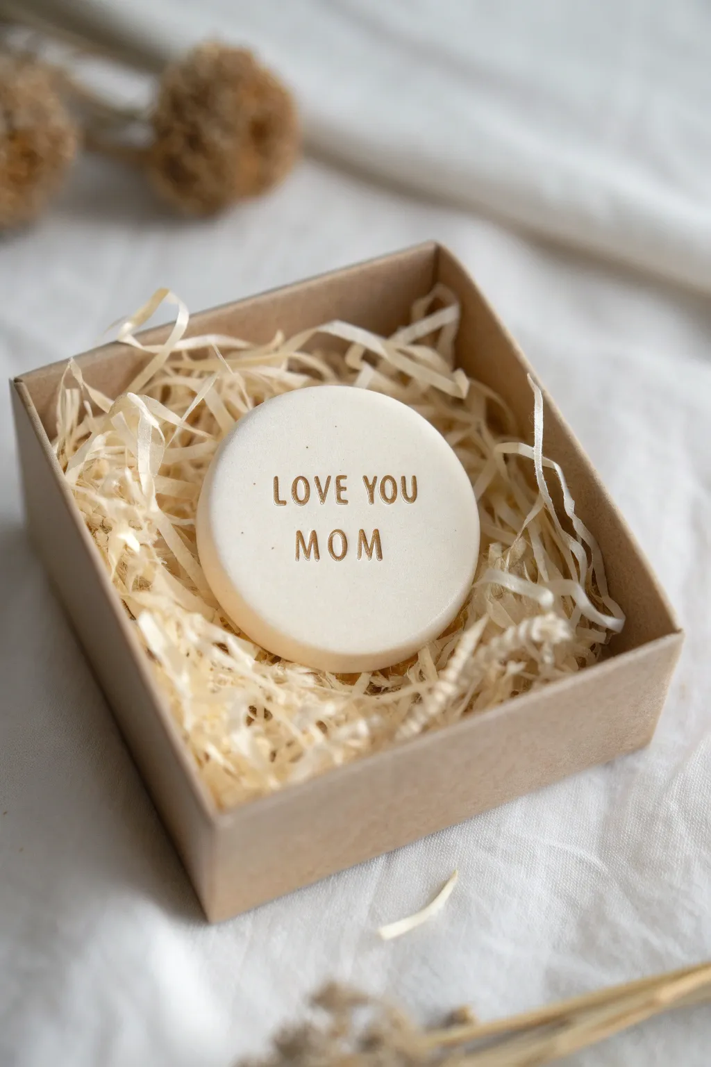 Minimal clay pocket token in a gift box, a tiny Mothers Day keepsake she can carry daily.