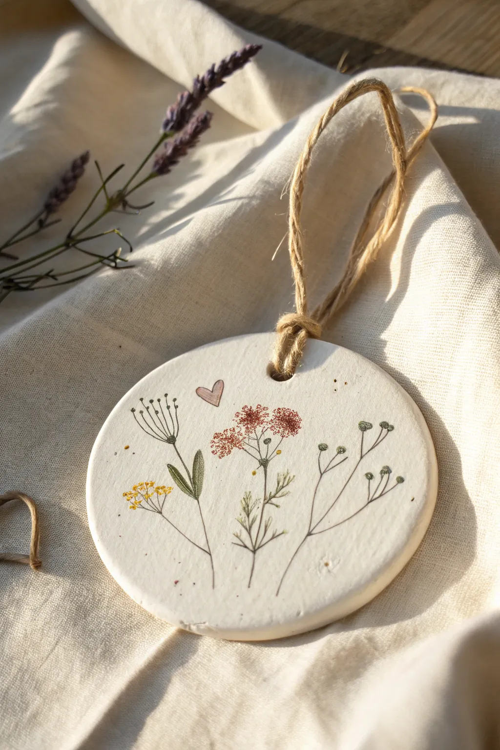 Pressed-flower clay ornament in soft Scandinavian neutrals, an easy Mothers Day keepsake.
