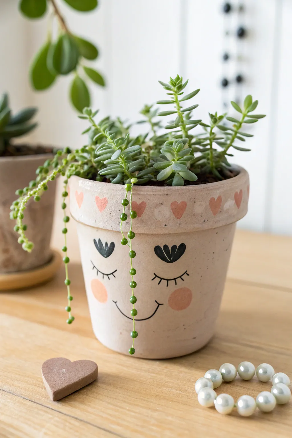 Whimsical face planter with leafy hair and a tiny heart detail, perfect for a sweet Mothers Day gift.