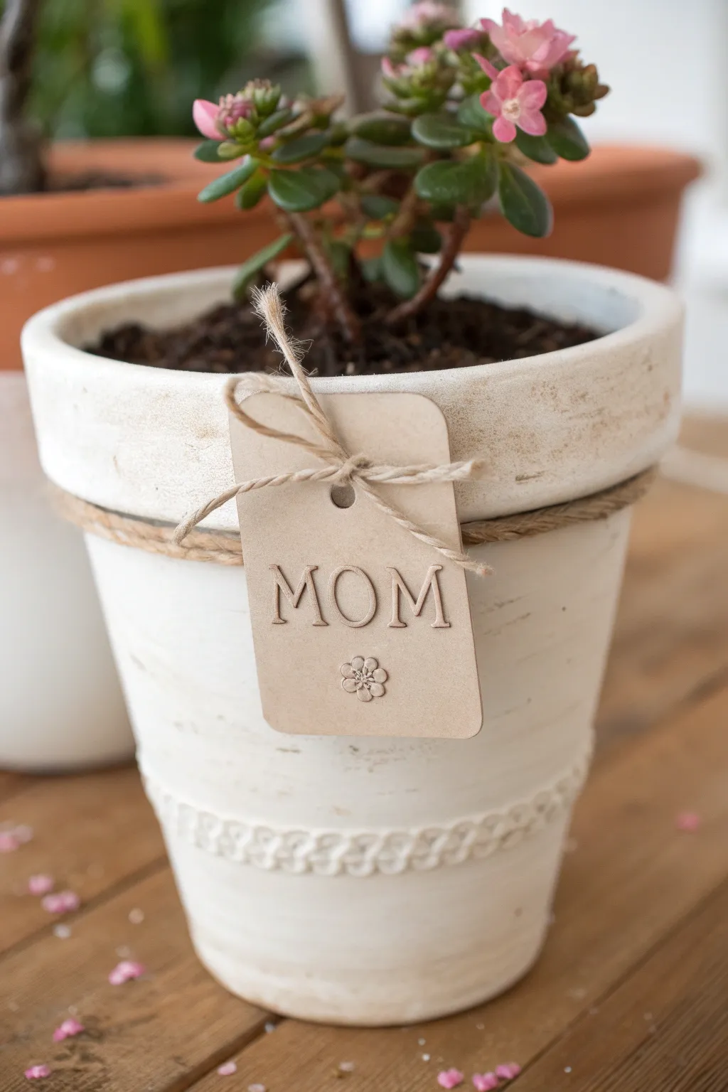 Handmade clay pot with a simple Mom tag and plant marker, a minimalist Mothers Day flower gift.