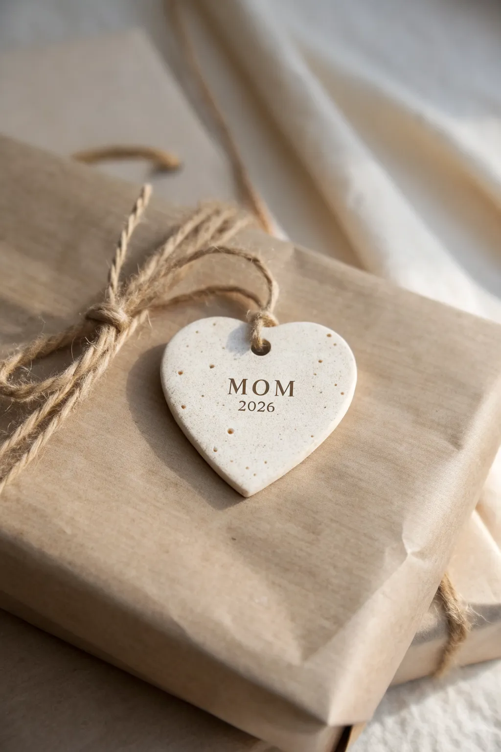 Handmade heart clay gift tag tied to a simple gift, a sweet keepsake for Mothers Day