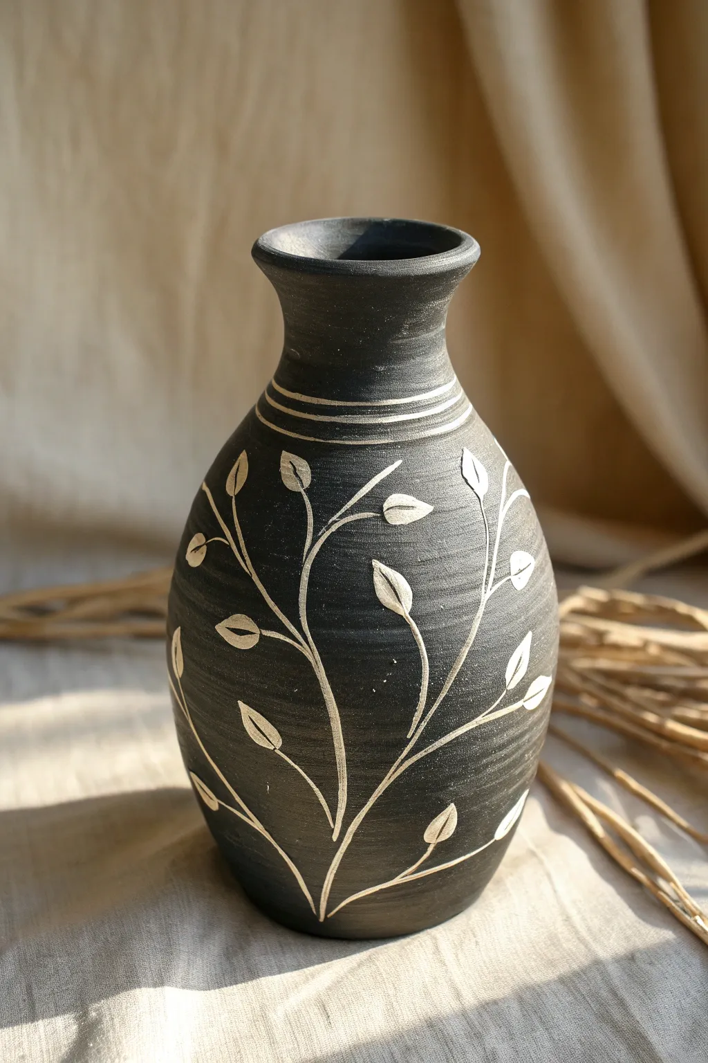 Matte dark mud vase with raised white vine relief for an elegant, high-contrast finish