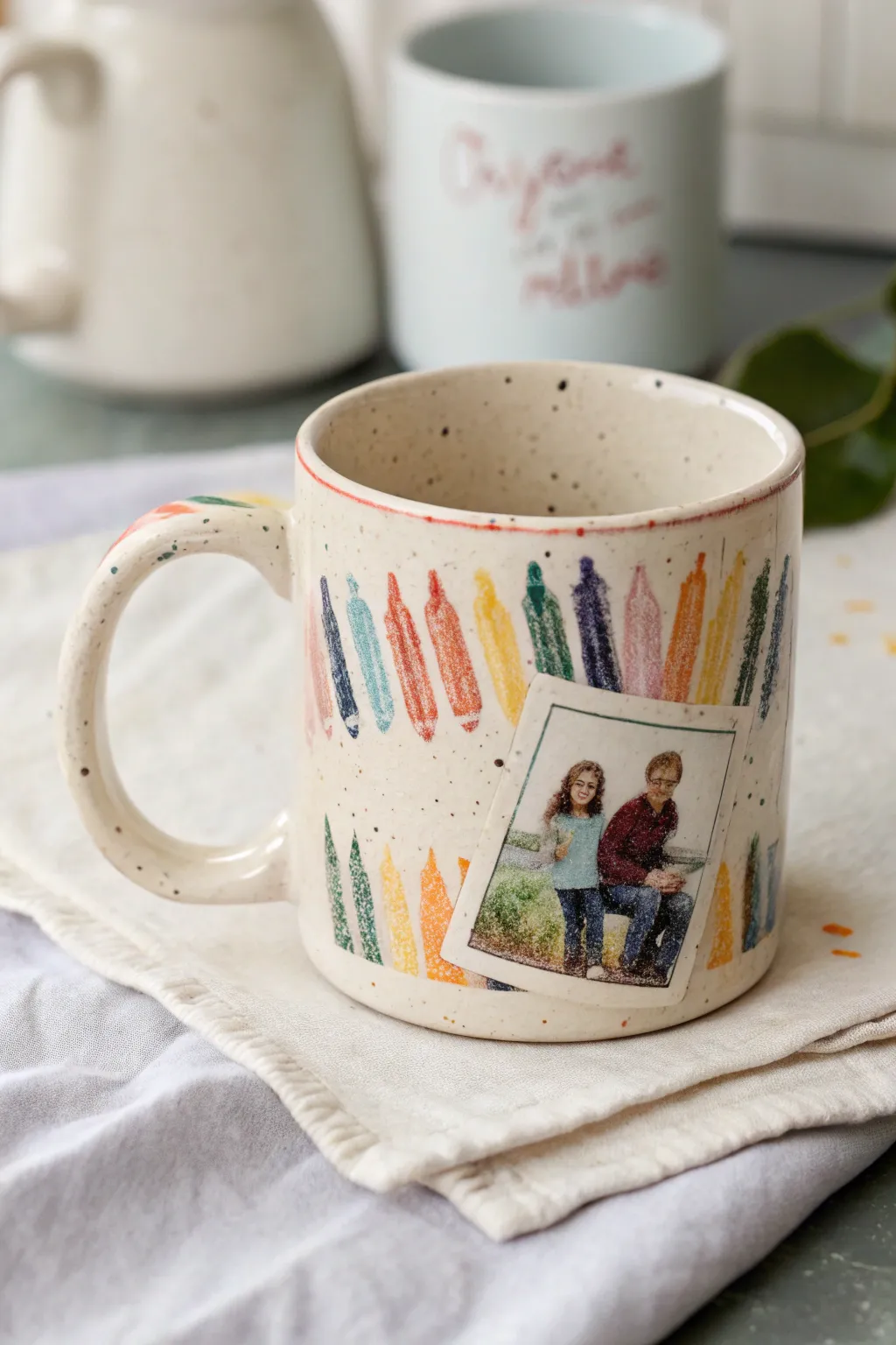 One mug, two memories: a sweet kids drawing paired with a family photo in bright, happy tones.