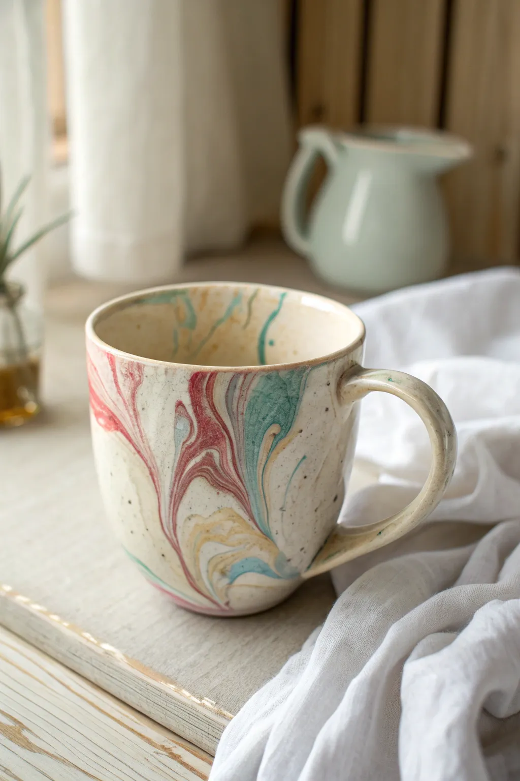 Marbled pour glaze mug with flowing veins, soft light, clean Scandinavian styling