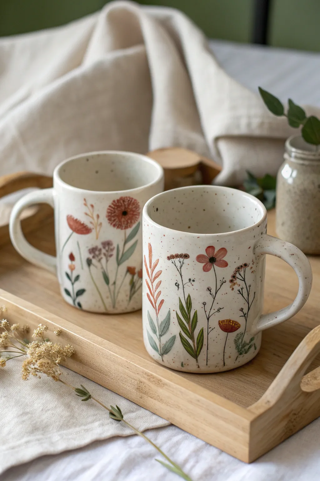 Two matching floral mugs for tea time, simple hand-painted blooms in soft Scandinavian tones.