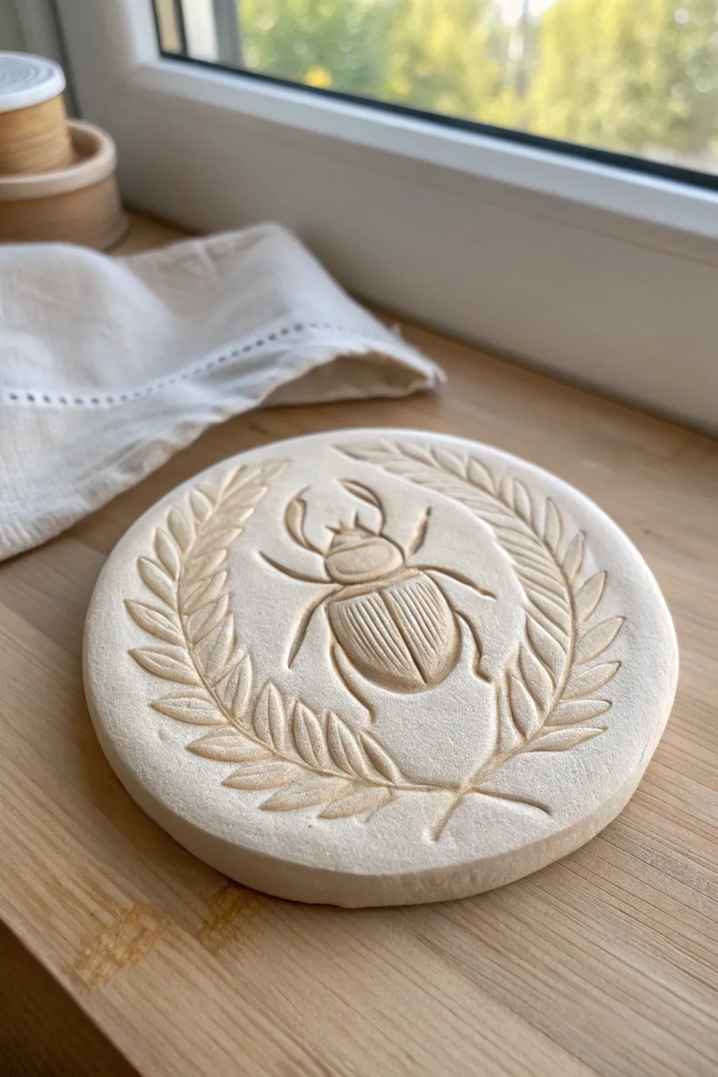 Earthy clay medallion with raised beetle relief and a soft antiqued wash for contrast