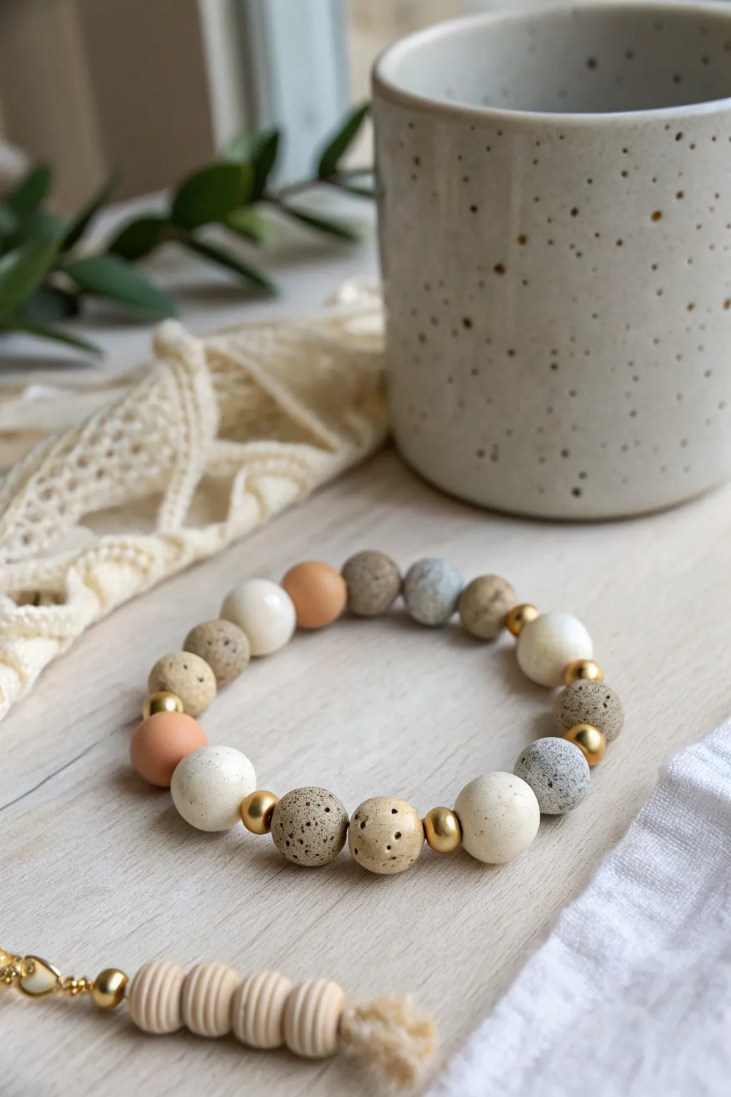 Neutral terrazzo clay focal beads add cozy contrast to a minimalist beige bracelet