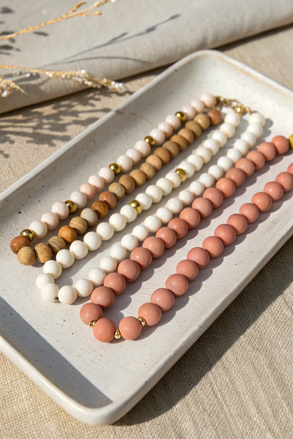 Matching clay bead bracelets as New Year party favors, minimal and feminine, ready to gift