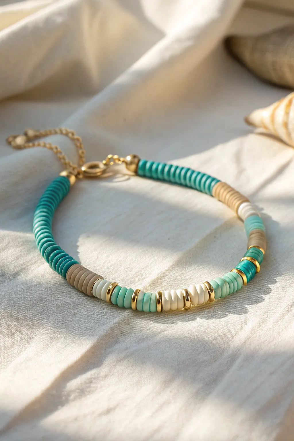 Seafoam mermaid-scale heishi bracelet in warm sunlight, minimalist boho and beautifully textured.