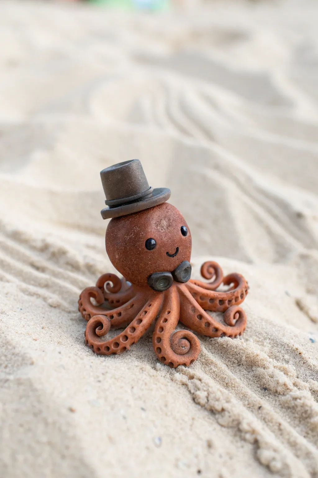 A charming clay octopus in a tiny top hat, minimalist boho decor for your pottery shelf.