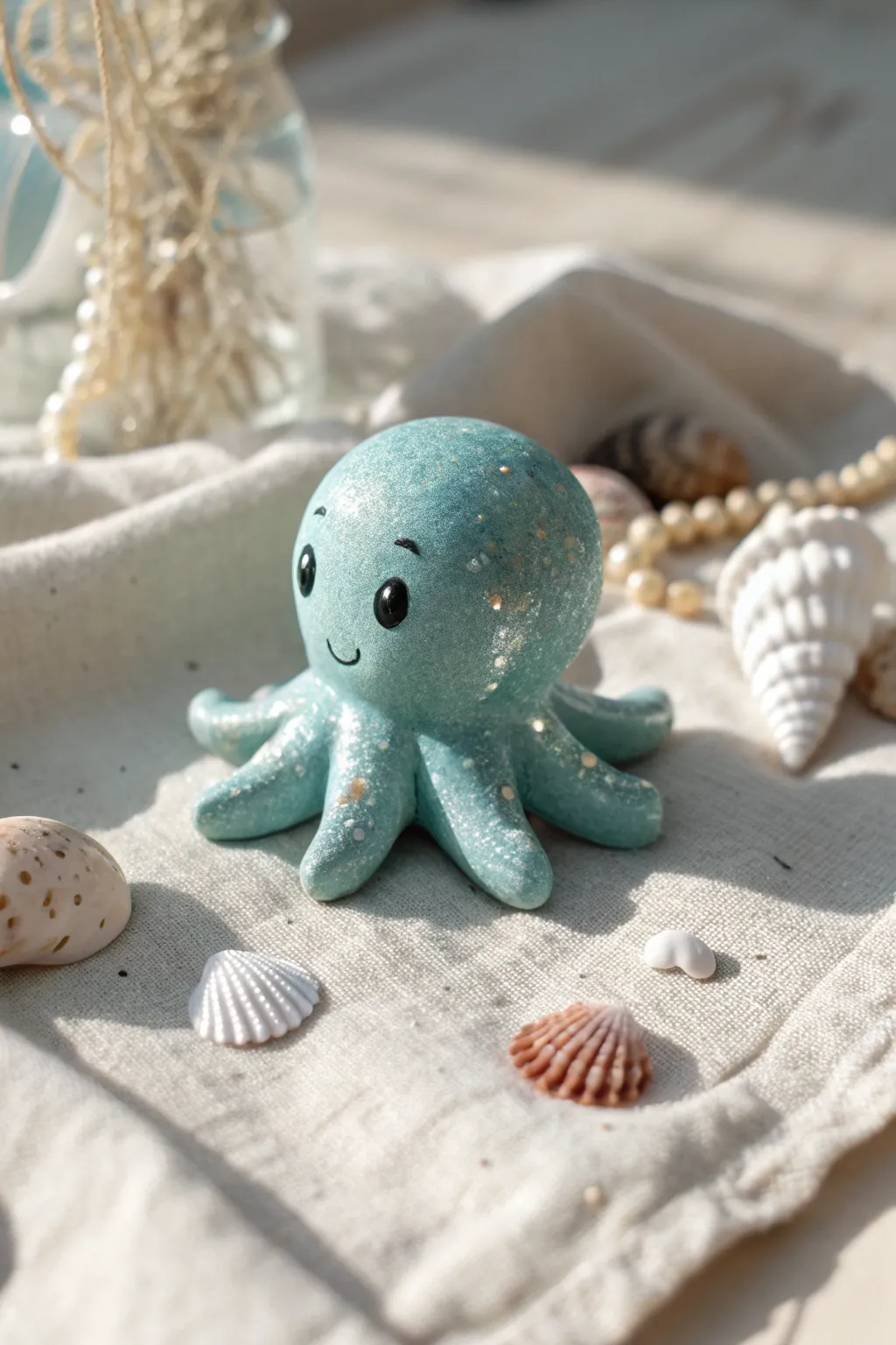 Pearly teal mini octopus with soft glitter sheen, minimalist Scandinavian styling and warm light
