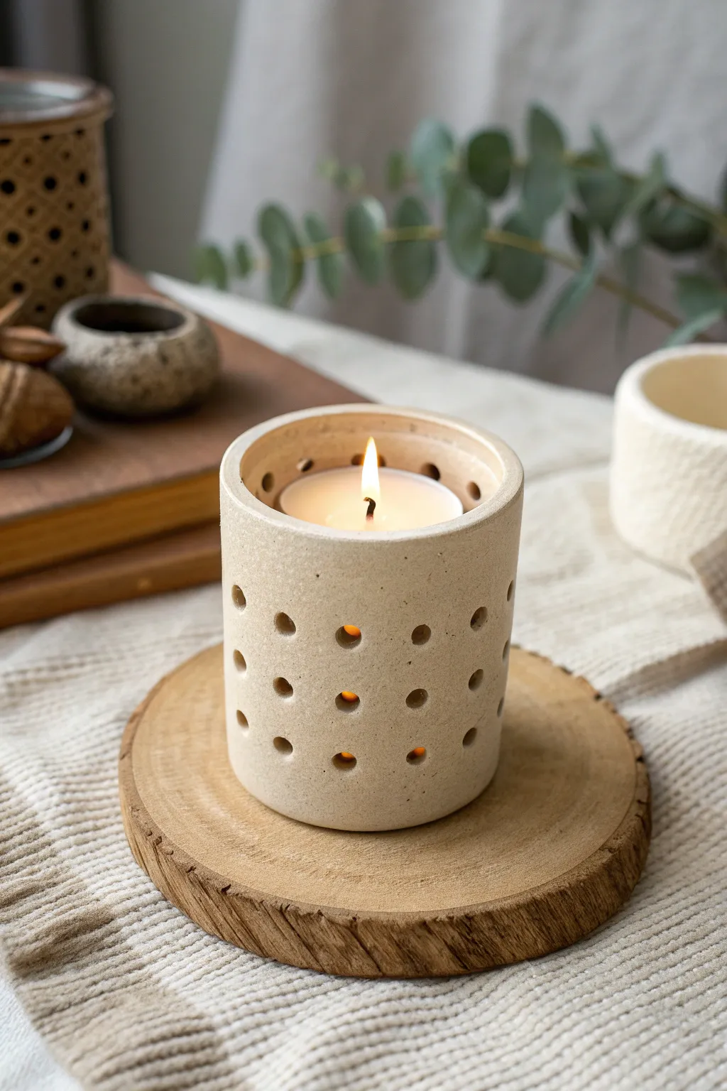 Monochrome pierced clay candle holder, softly lit to cast delicate tone-on-tone shadows.