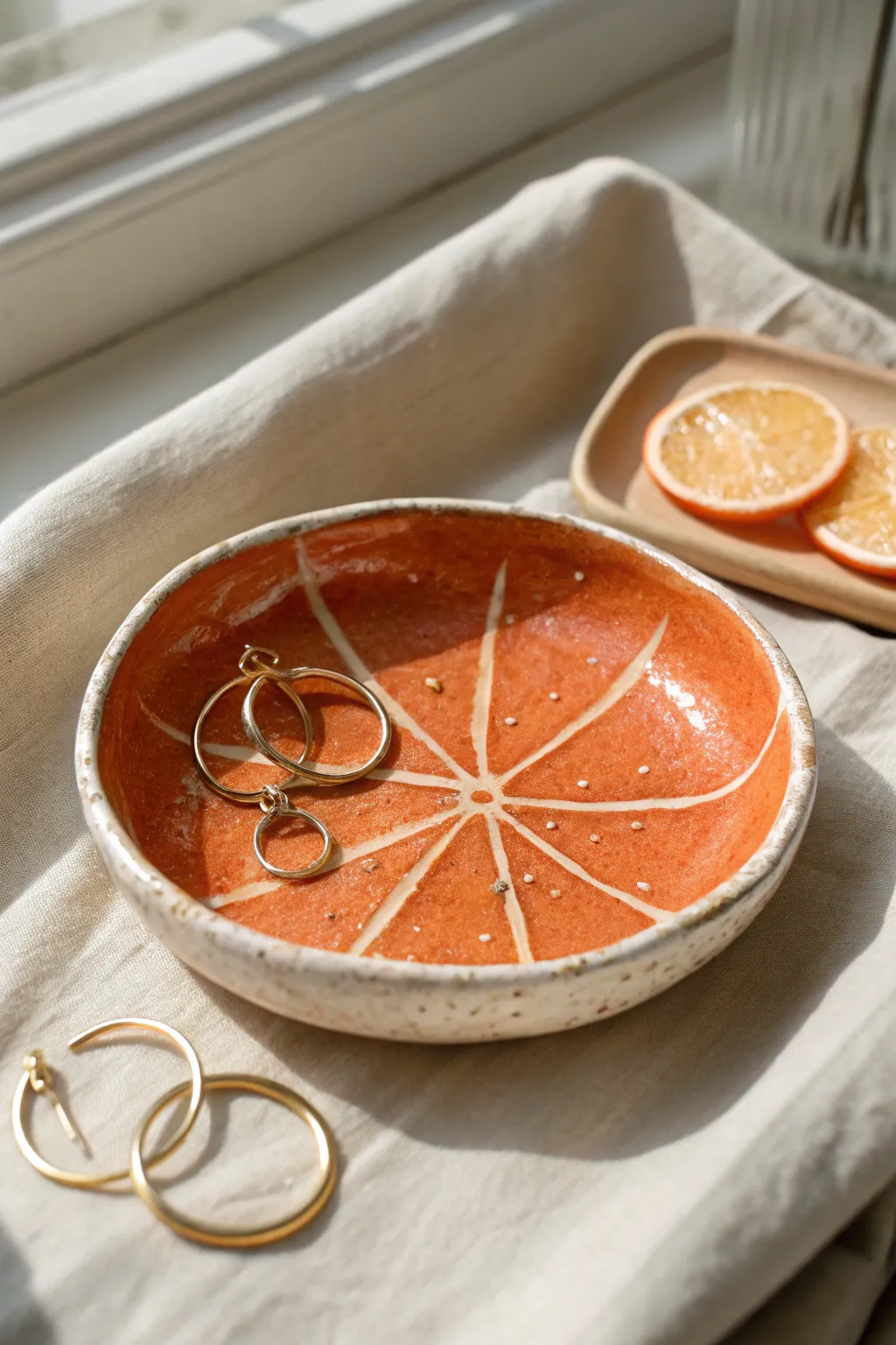 Minimal citrus slice dish in orange clay, finished with a crisp white rim for a sunny touch.