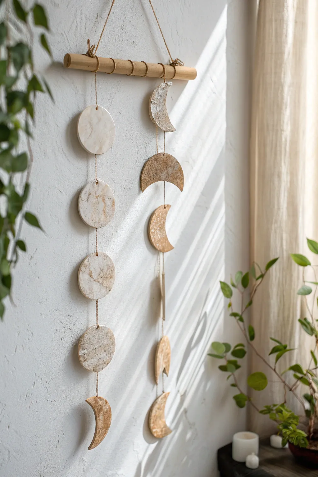 Minimal moon phase wall mobile in matte marbled clay, a calm boho touch for modern walls.
