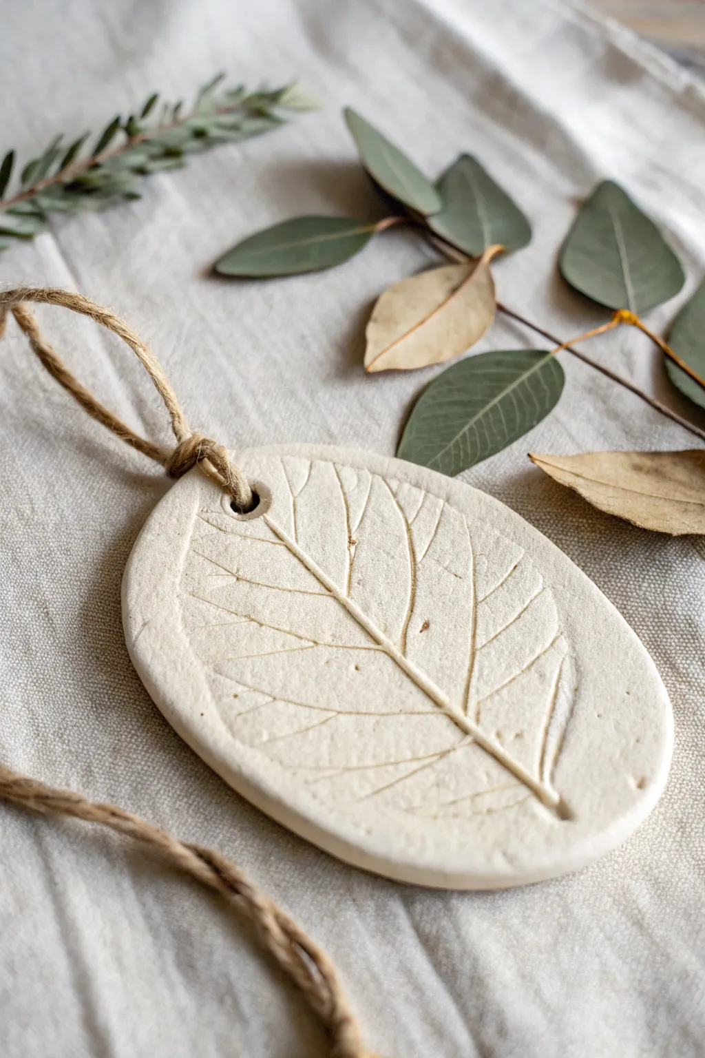 Beginner oven-bake clay ornament with pressed leaf texture, twine, and dried botanicals.