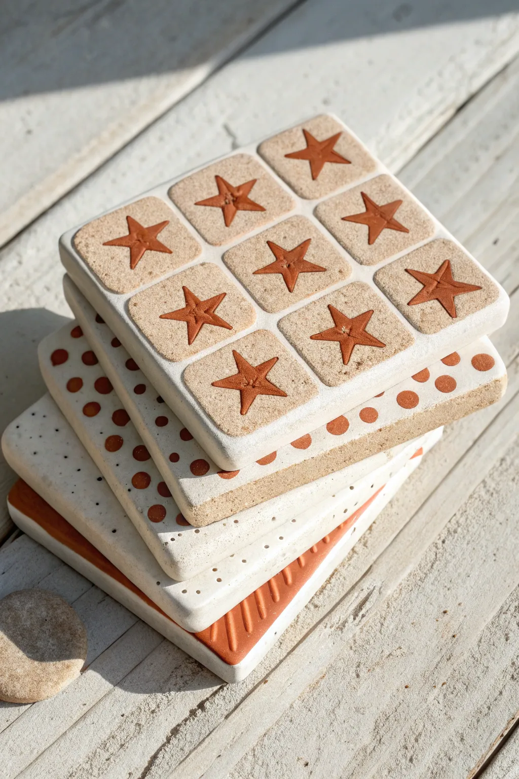 Kid-size polymer clay tile coasters with playful stamped textures, stacked in cozy minimalist style.