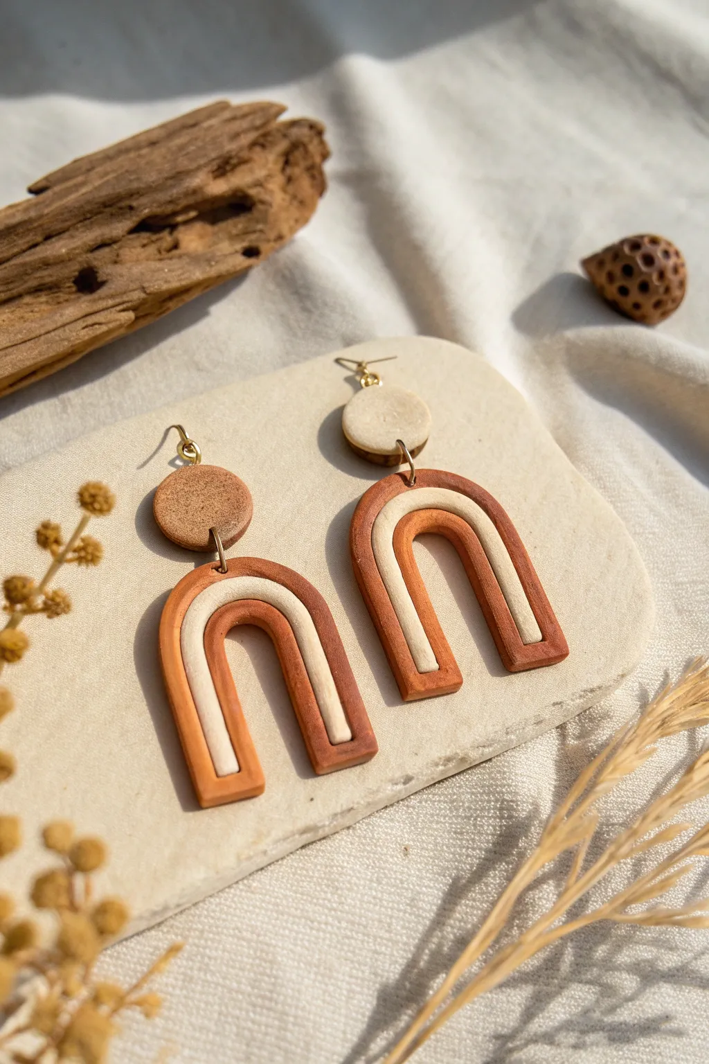 Layered window earrings in oven-bake clay with clean cutouts and warm, minimal contrast.