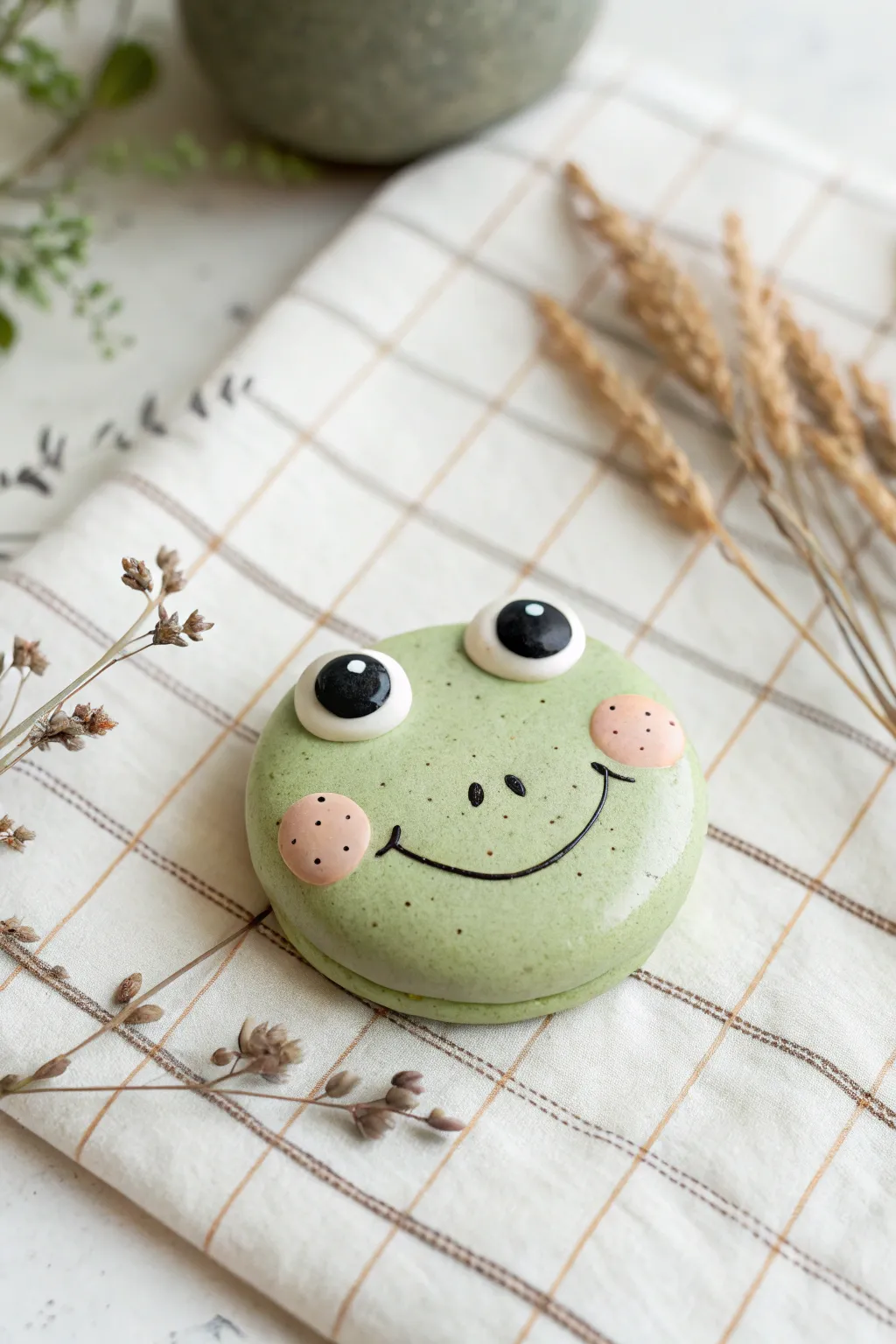 Cheerful frog head clay magnet with rosy blush and freckles, perfect for a cute DIY kitchen.