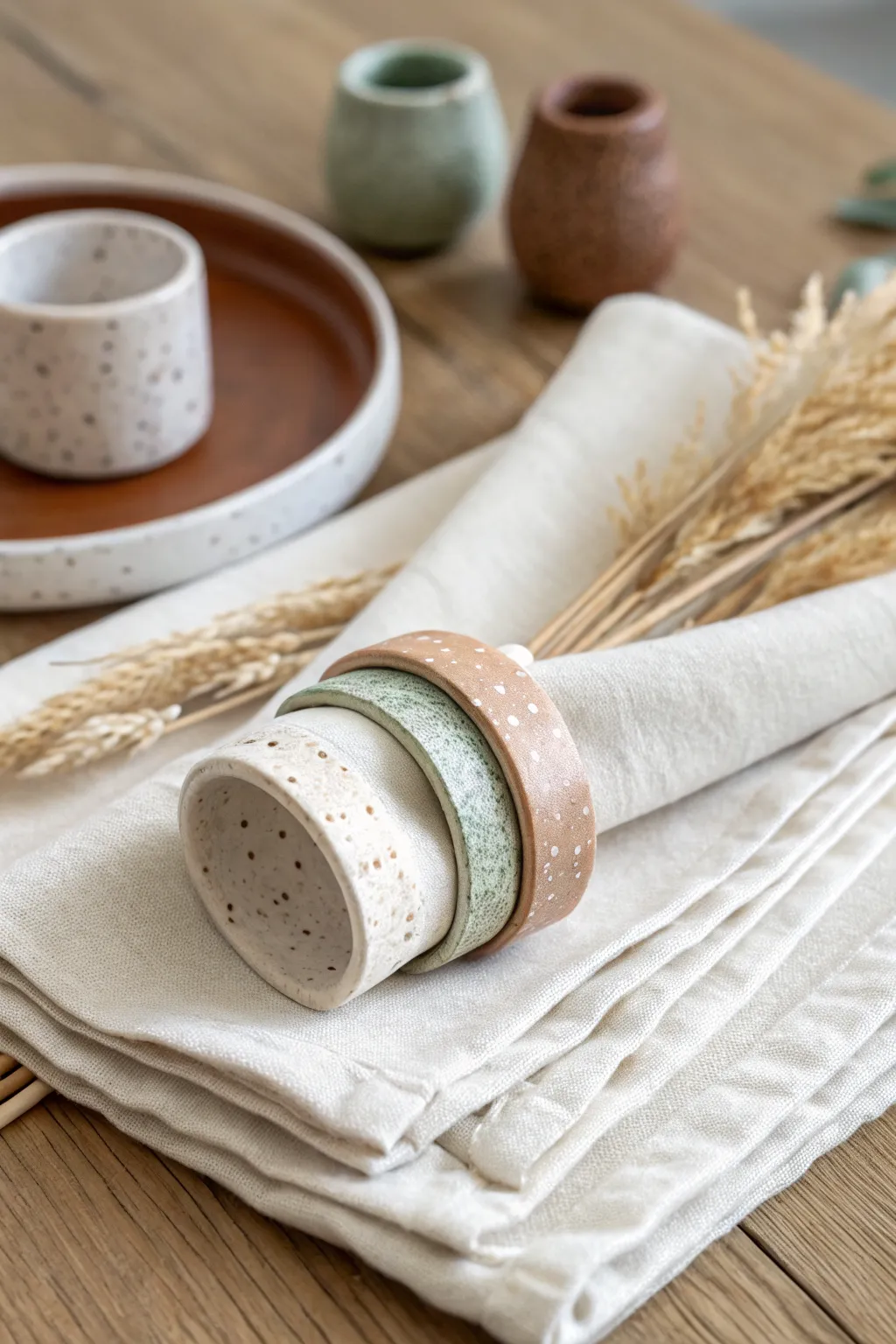 Handmade oven-bake clay napkin ring with subtle marbling for a calm, modern tablescape.