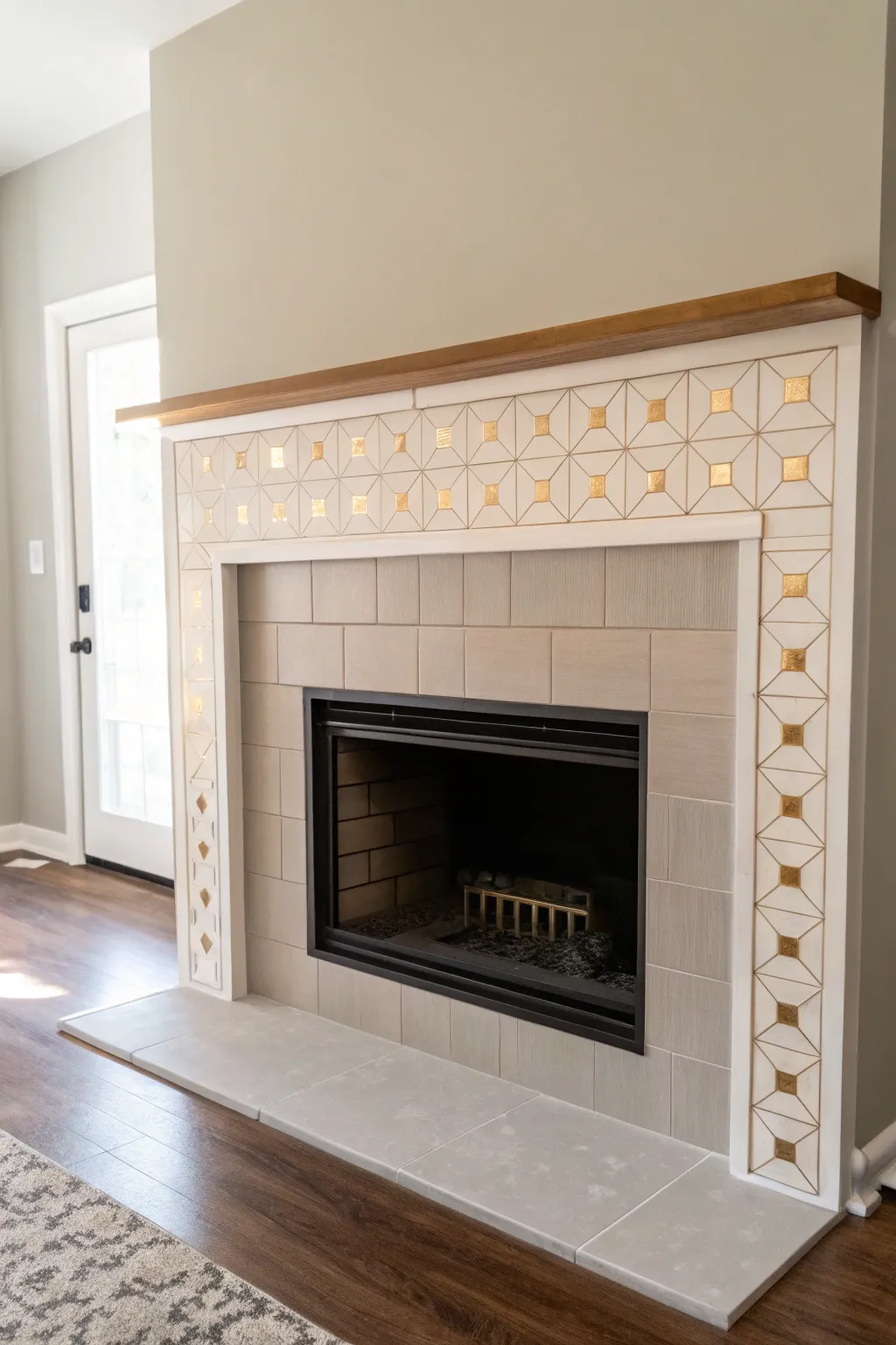 Soft greige painted fireplace tiles with a minimal champagne-gold stencil edge for subtle glow