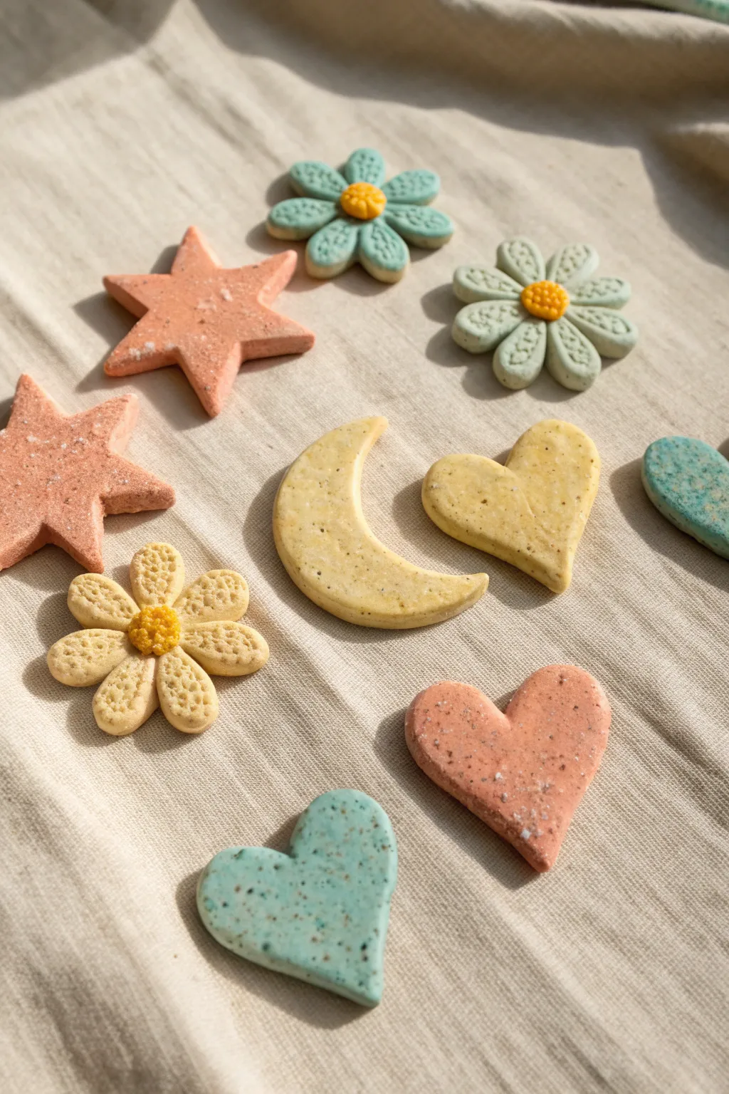 Sweet paper clay icon magnets in soft brights, minimalist and handmade for a cozy boho touch