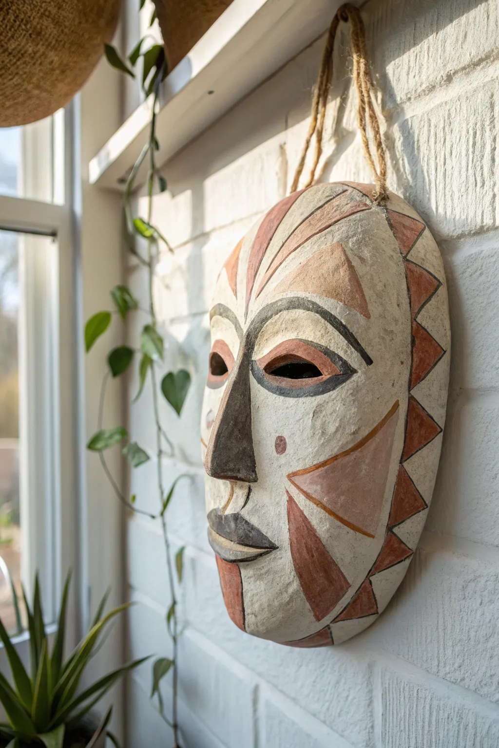 Minimal paper clay mask wall art with bold painted shapes and soft Scandinavian-boho contrast