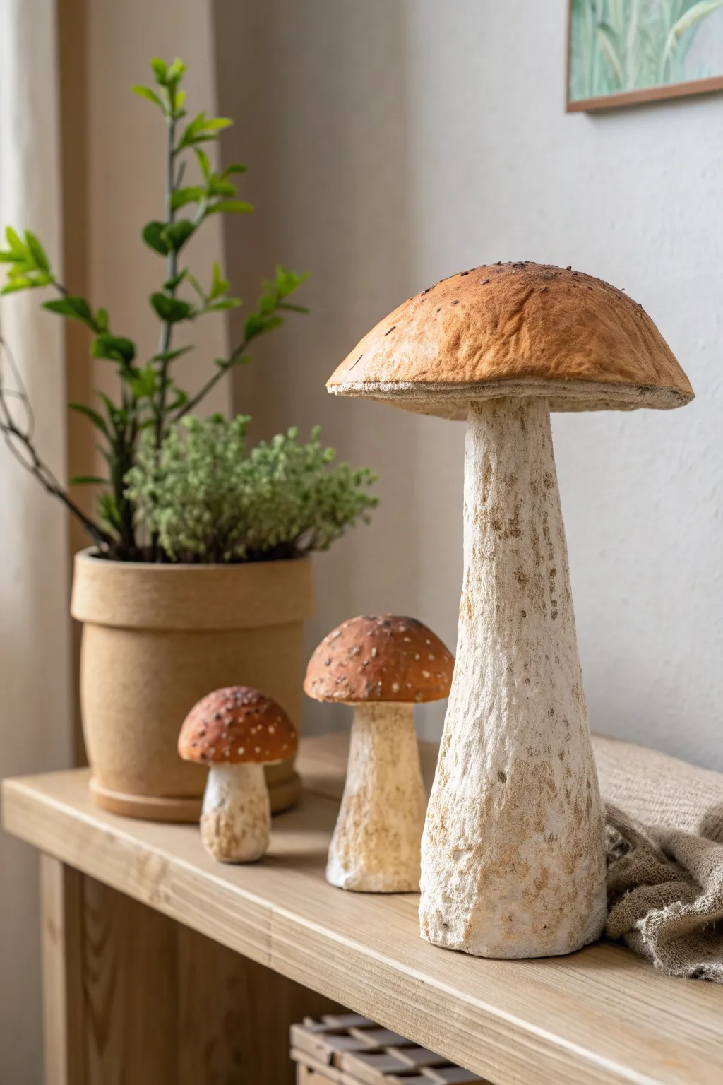 Whimsical speckled paper mache clay mushroom trio, cozy minimalist shelf styling.