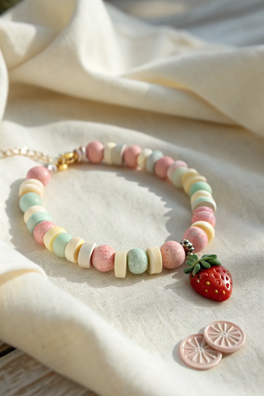 Tiny strawberry-inspired charm meets blush, mint, and buttery yellow pastel clay discs