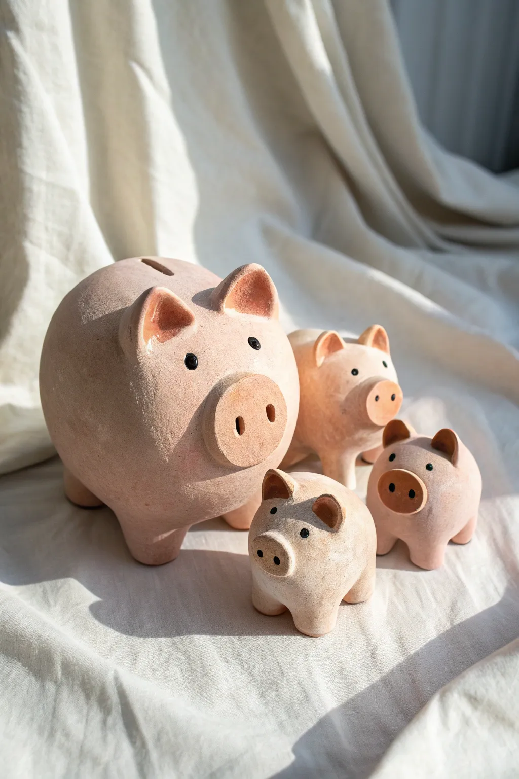 Clay pig family set with tiny piglets, minimalist Scandinavian style with a soft boho touch.