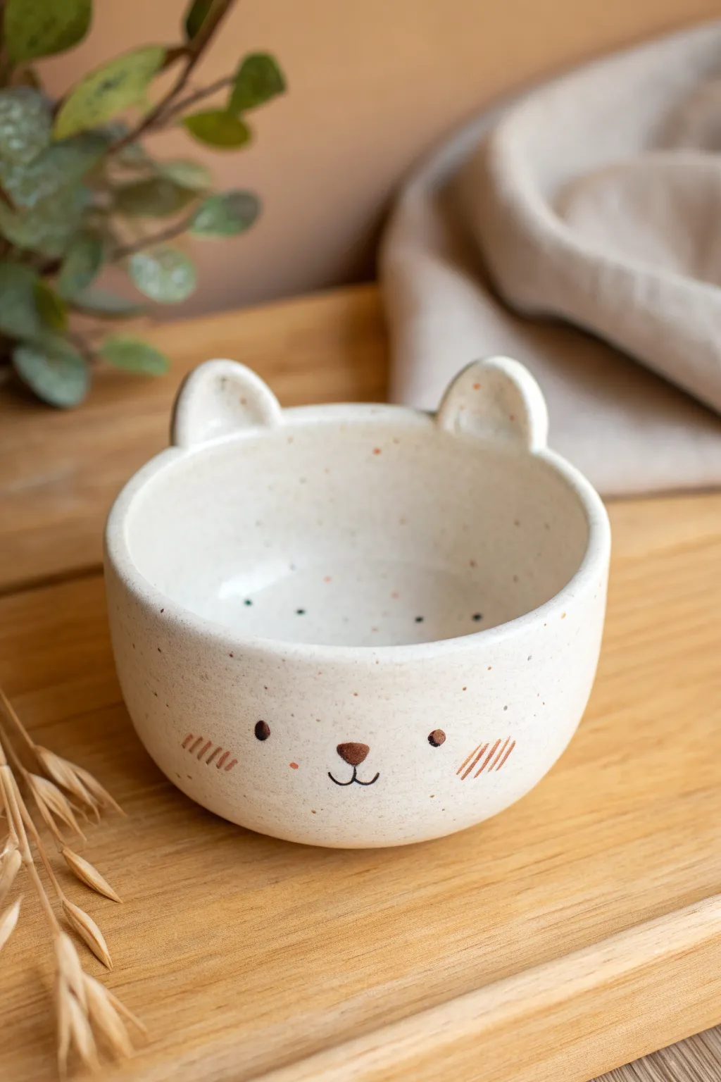 Cute minimalist pinch pot critter bowl with tiny ears, perfect for cozy Scandinavian decor.
