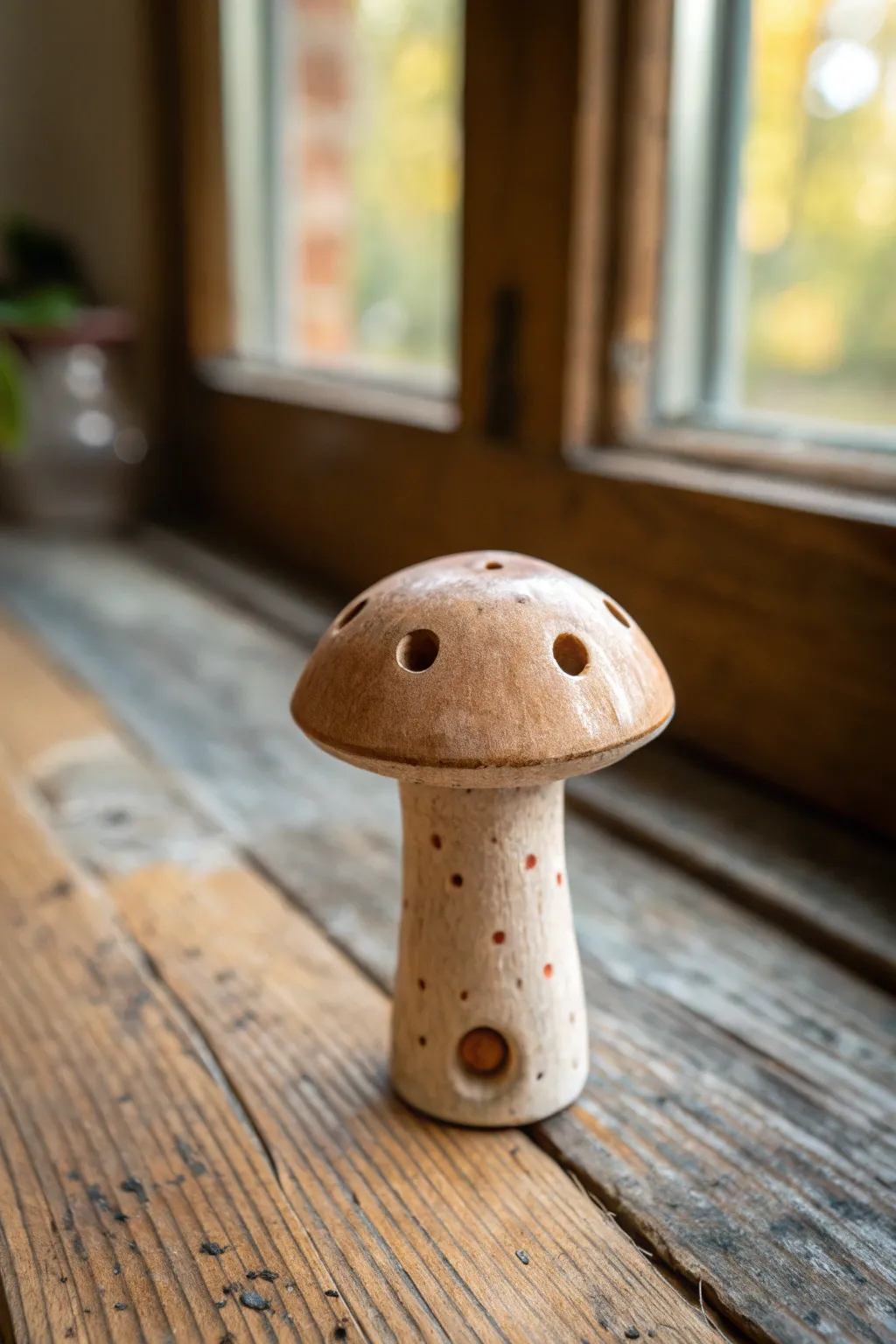 Minimalist mushroom pinch whistle with dotted cap and stem mouthpiece on rustic wood