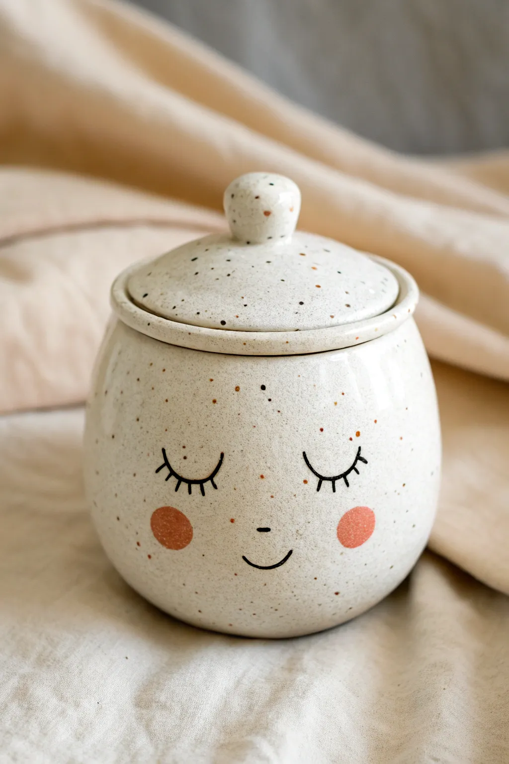 Sweet face pinch pot jar with nose knob lid, minimalist boho pottery for cozy shelves.