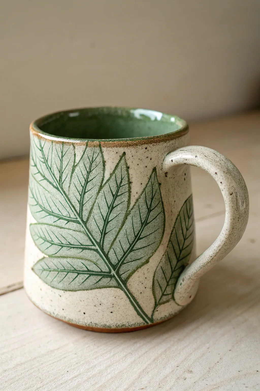 Leaf-imprint pinch pot mug with softly pooled glaze that highlights every vein and curve.