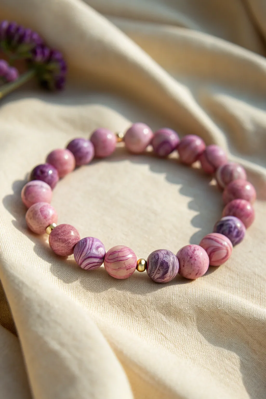 Marbled pink and purple clay bead bracelet with soft swirls, minimalist and boho chic.