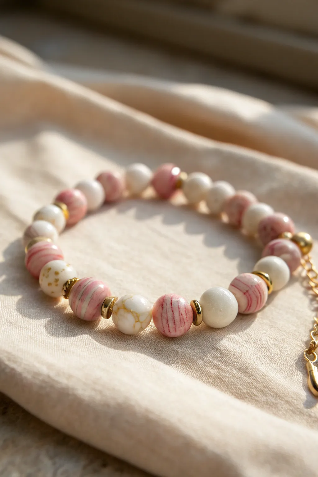 Soft pink marble clay disc bracelet with delicate gold accents, styled minimal and bright