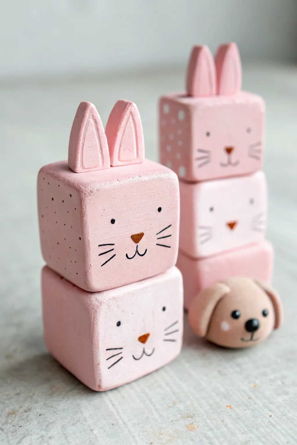 Sweet cubed pink animal friends in minimalist style, perfect for easy clay decor.